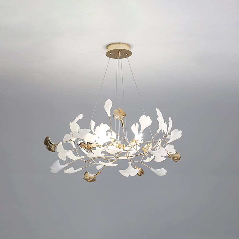 Ceramic Leaf Cluster Pendant Light with Adjustable Cord – Gold Metal Frame Multi-Bulb Chandelier for Dining Room, Living Room & Bedroom | Thomler