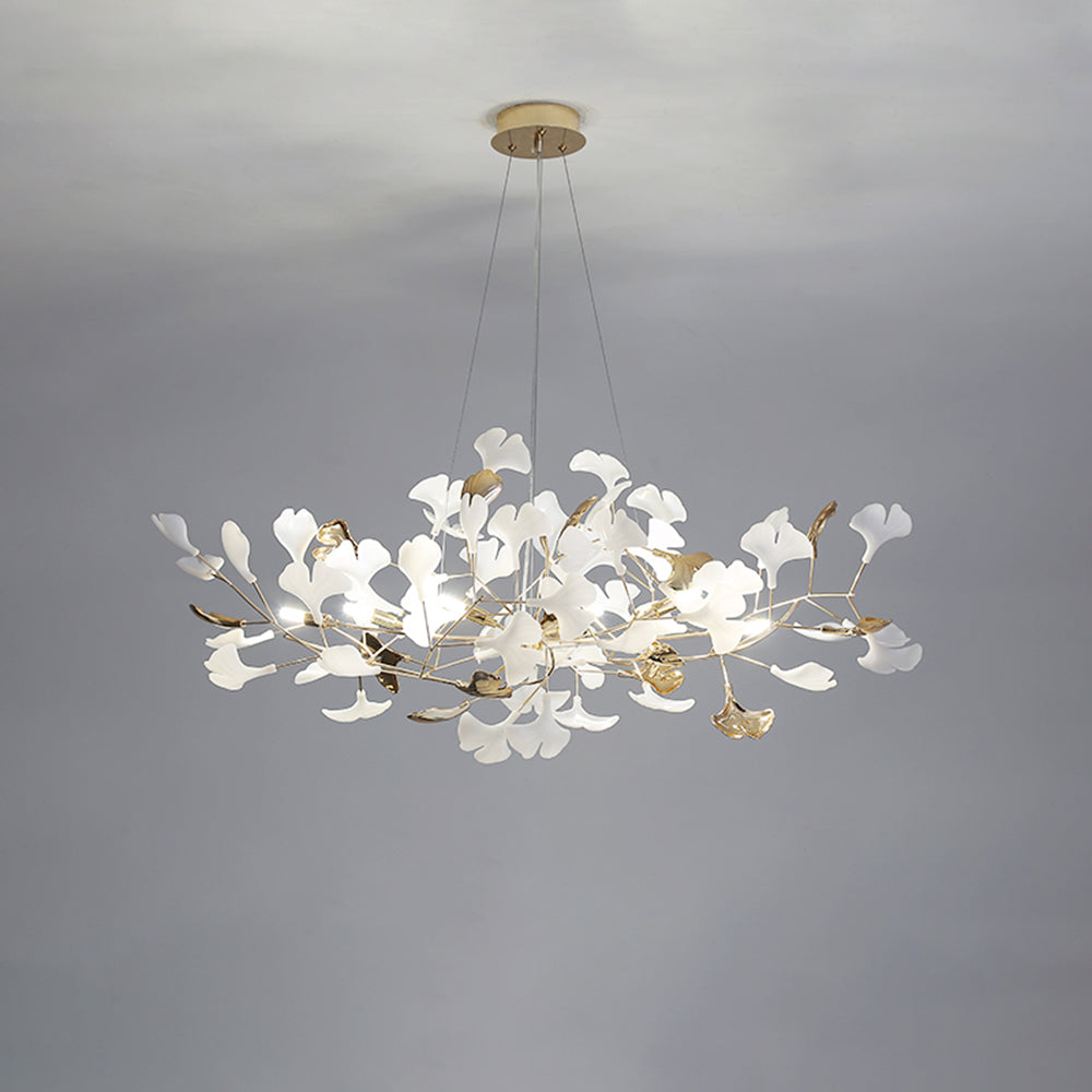 Ceramic Leaf Cluster Pendant Light with Adjustable Cord – Gold Metal Frame Multi-Bulb Chandelier for Dining Room, Living Room & Bedroom | Thomler