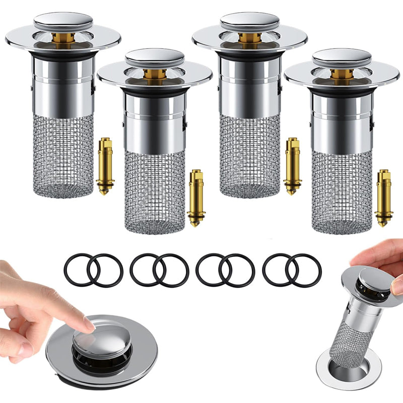 Pop-Up Bathroom Drain Filter with Hair Trap for Washbasin & Shower – Brass Core, Stainless Steel Basket, Universal Fit 1-1.2" Drains | Thomler
