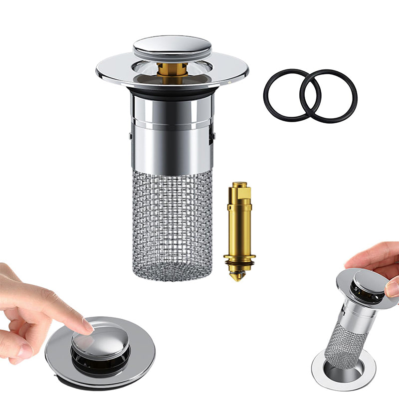 Pop-Up Bathroom Drain Filter with Hair Trap for Washbasin & Shower – Brass Core, Stainless Steel Basket, Universal Fit 1-1.2" Drains | Thomler
