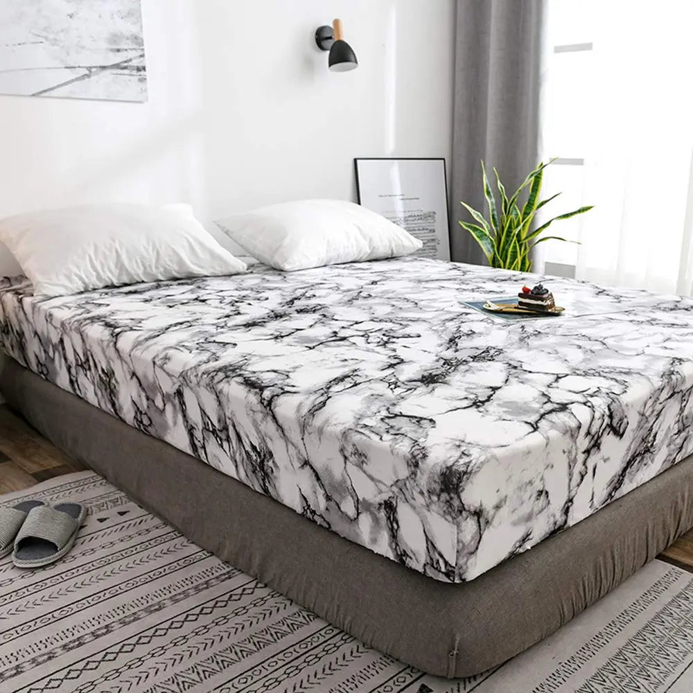 Microfiber Fitted Sheet Set with Marble Design – Breathable Cooling Bed Sheets for Deep Pocket Mattresses, Wrinkle-Resistant & Ultra-Soft | Thomler