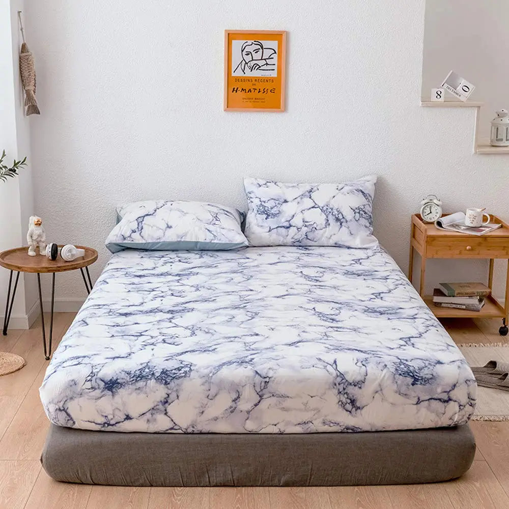 Microfiber Fitted Sheet Set with Marble Design – Breathable Cooling Bed Sheets for Deep Pocket Mattresses, Wrinkle-Resistant & Ultra-Soft | Thomler