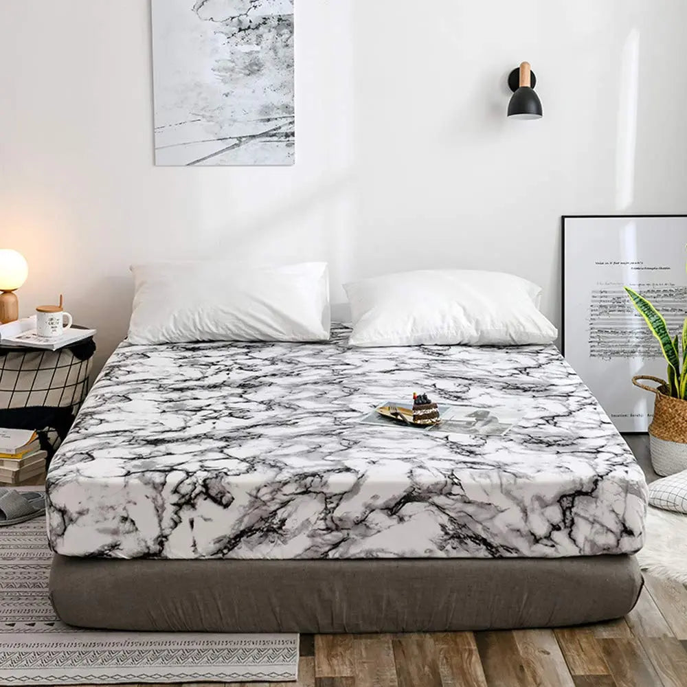 Microfiber Fitted Sheet Set with Marble Design – Breathable Cooling Bed Sheets for Deep Pocket Mattresses, Wrinkle-Resistant & Ultra-Soft | Thomler
