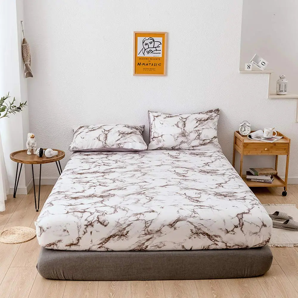 Microfiber Fitted Sheet Set with Marble Design – Breathable Cooling Bed Sheets for Deep Pocket Mattresses, Wrinkle-Resistant & Ultra-Soft | Thomler