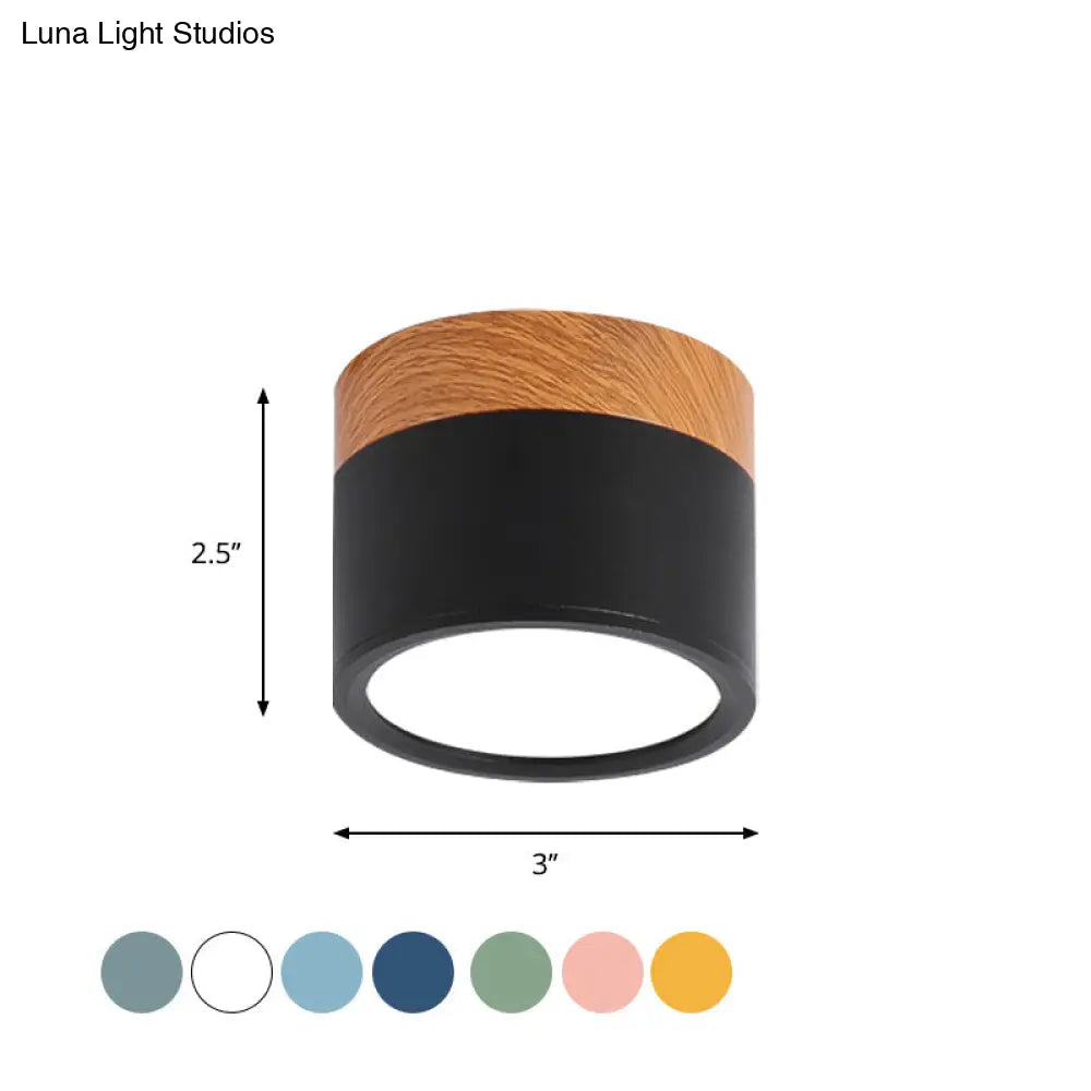 Compact Round Ceiling Light Fixture with Metal & Wood Finish for Kitchen Hallway Bedroom Kids Room | Modern Low-Profile LED Flush Mount | Thomler