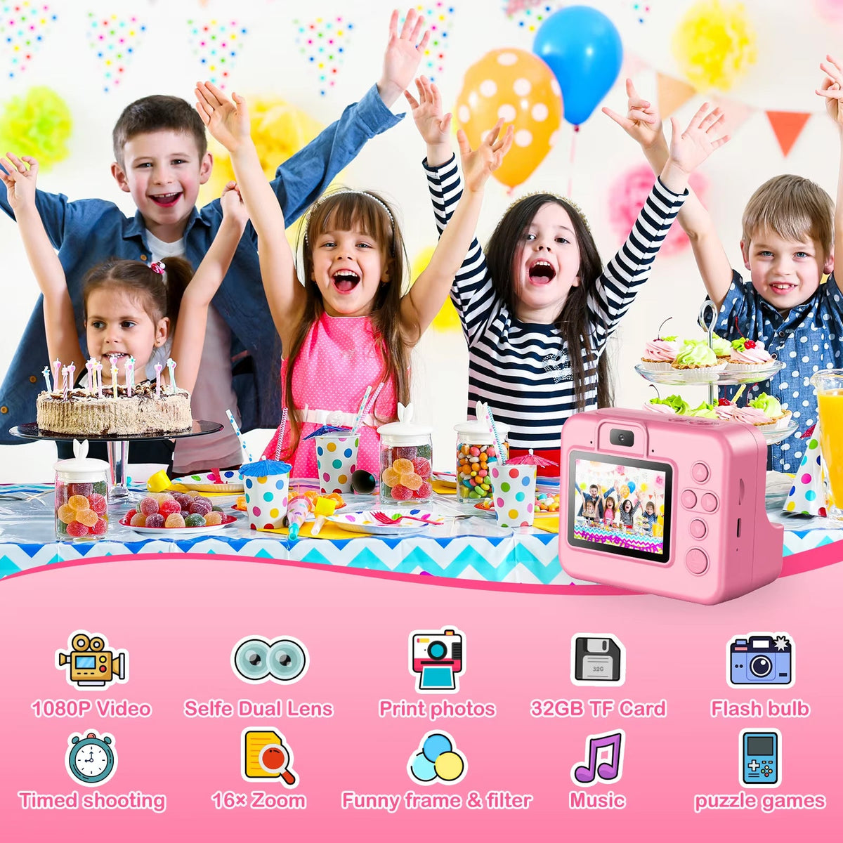 Kids Digital Camera with Instant Print – 1080P HD Photo & Video Recorder, 16x Zoom, Built-In Games, 32GB Memory & Coloring Pens for Ages | Thomler