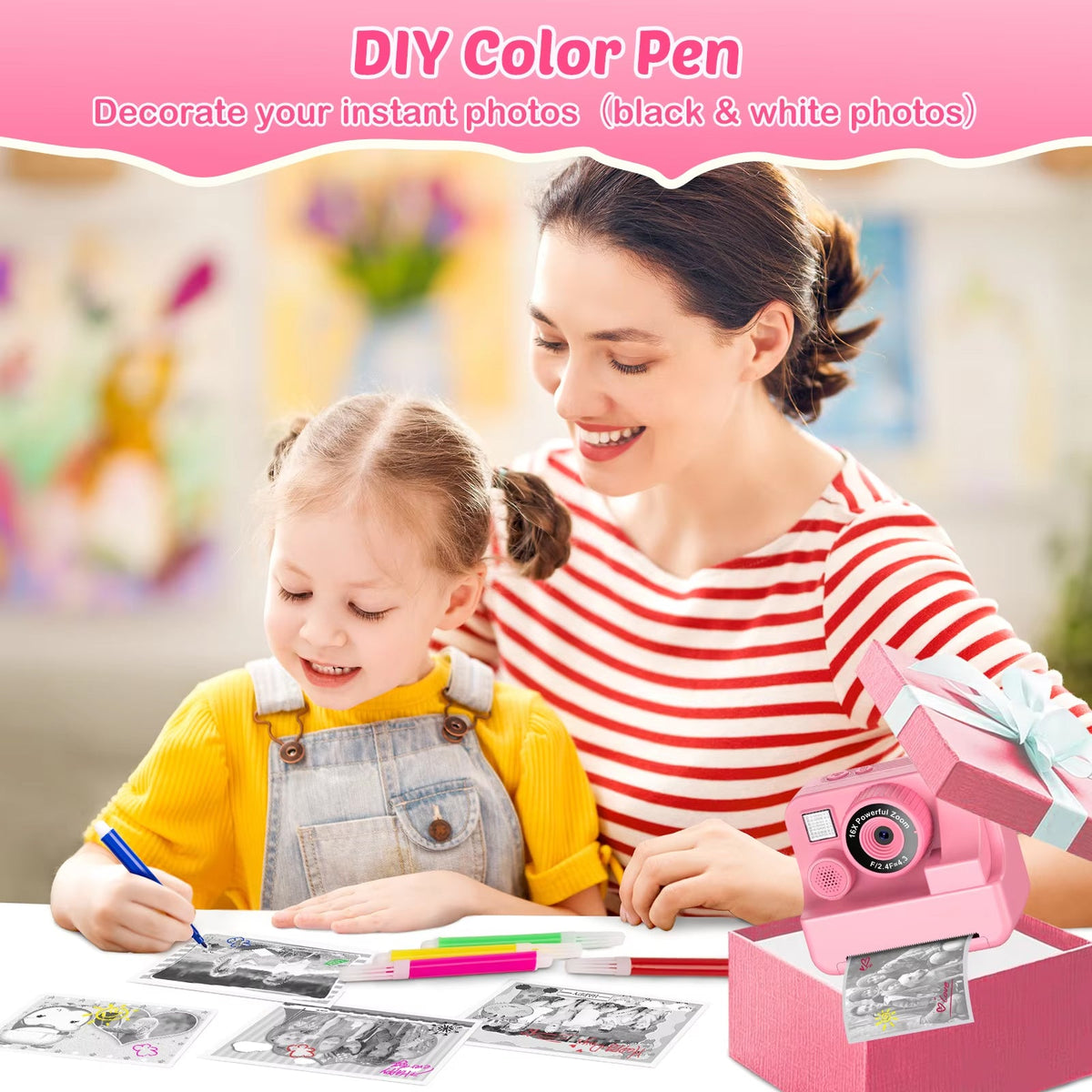 Kids Digital Camera with Instant Print – 1080P HD Photo & Video Recorder, 16x Zoom, Built-In Games, 32GB Memory & Coloring Pens for Ages | Thomler