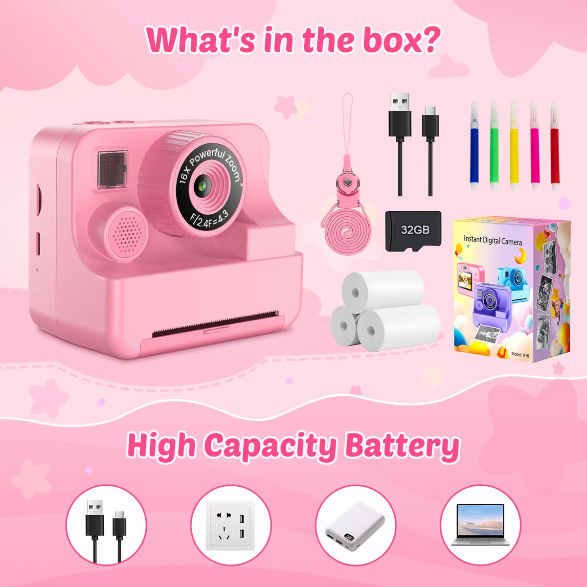 Kids Digital Camera with Instant Print – 1080P HD Photo & Video Recorder, 16x Zoom, Built-In Games, 32GB Memory & Coloring Pens for Ages | Thomler