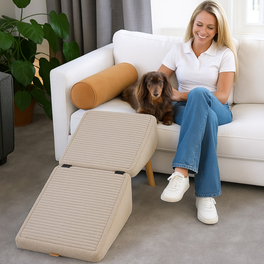 Pet Steps Ottoman 2-in-1 – Cushioned Stairway & Seating for Dogs & Cats, Steel Frame with Soft Carpet Tread | Thomler
