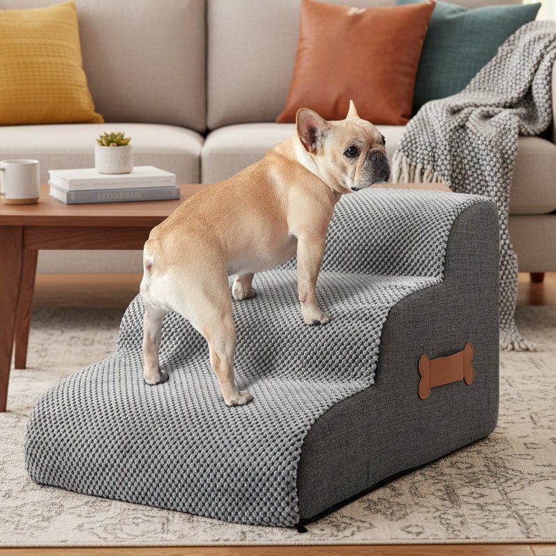Pet Steps with Plush Velvet Cover & Non-Slip Base – 2 or 3 Tier Foam Ramp for Dogs & Cats to Reach Sofas, Beds | Thomler