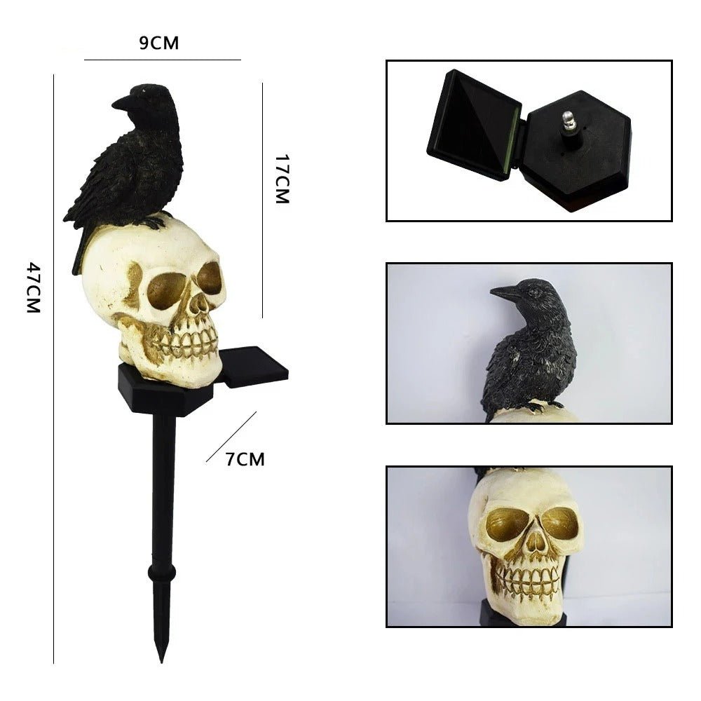 Raven on Skull LED Solar Lamp – Weatherproof Outdoor Light for Yard, Patio & Seasonal Decor | Thomler