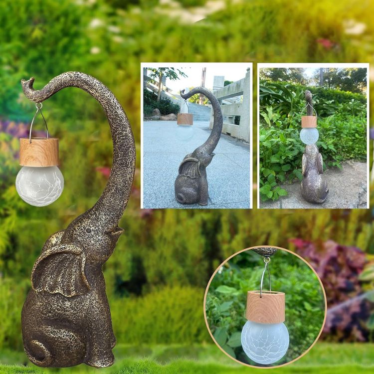Copper Elephant Garden Statue Solar Light for Patio, Lawn & Yard Decor | Weatherproof Outdoor Figurine Lamp with LED Warm White Glow | Thomler