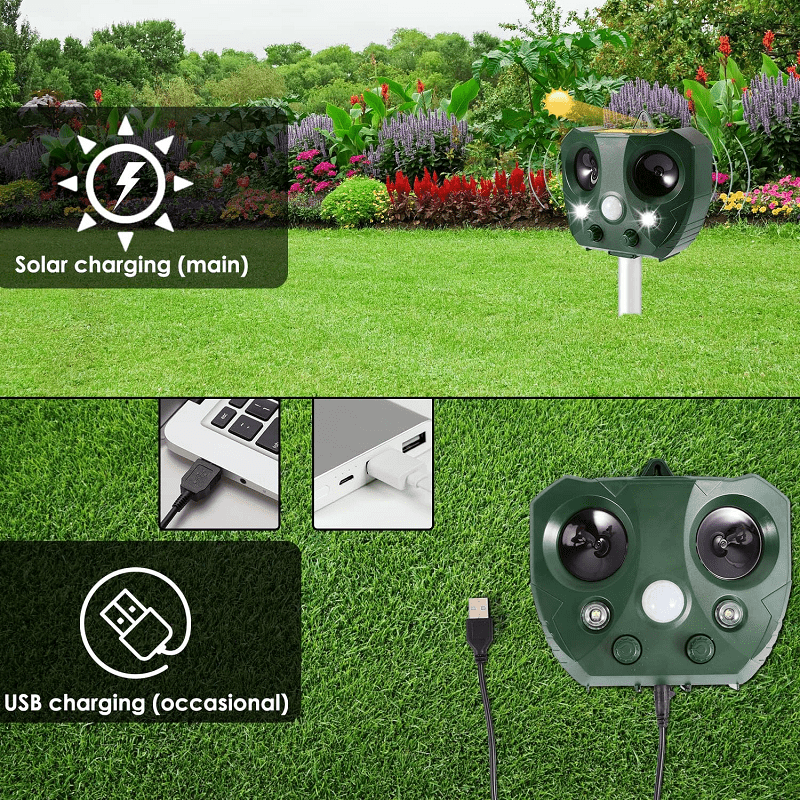Ultrasonic Solar Bird Deterrent with Motion Sensor & Flashing Lights for Yards, Gardens, Patios | Weatherproof Animal Repeller | Thomler