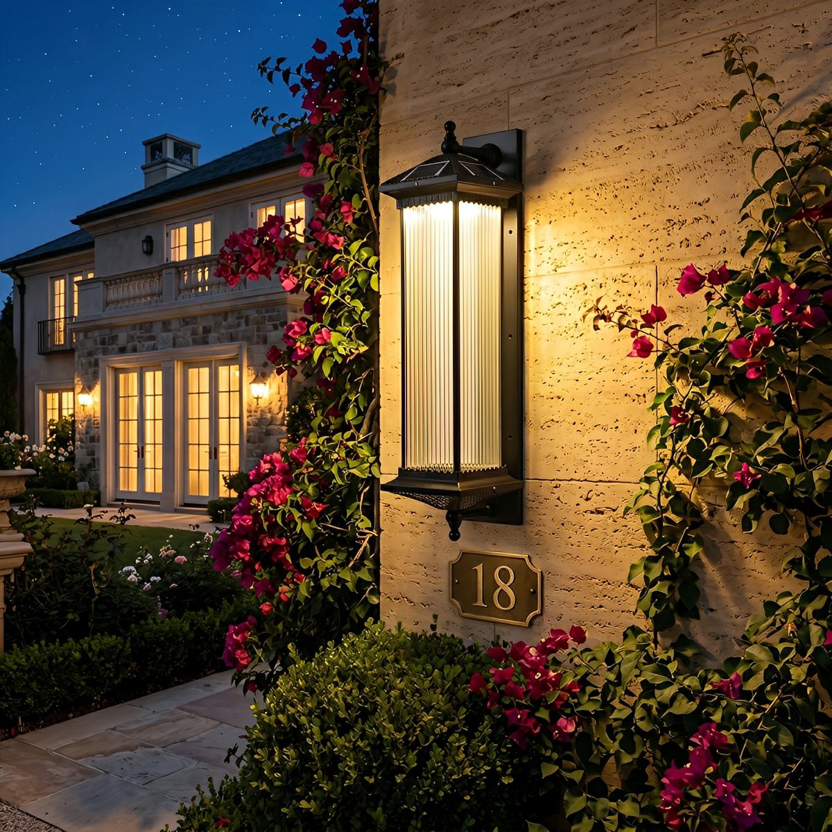 Solar-Powered LED Wall Sconce with Ribbed Shade & Adjustable Brightness for Entryway, Porch, Garden, Driveway | Thomler