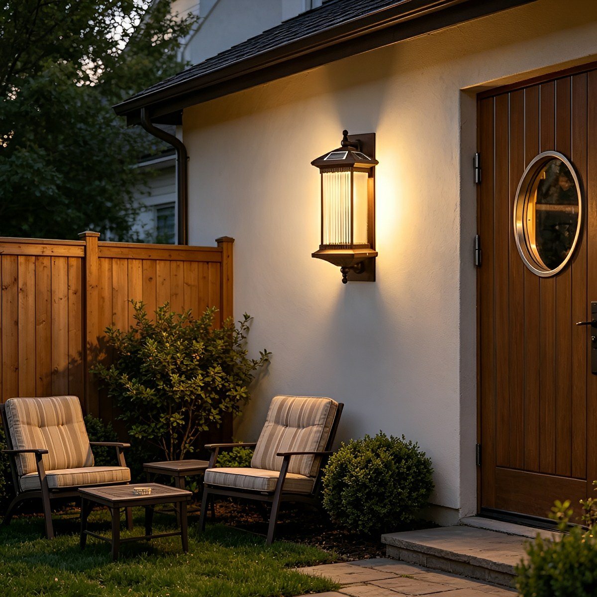 Solar-Powered LED Wall Sconce with Ribbed Shade & Adjustable Brightness for Entryway, Porch, Garden, Driveway | Thomler