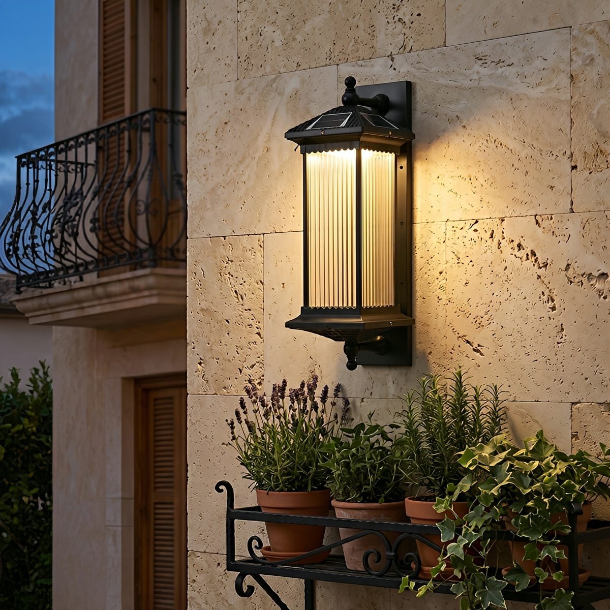 Solar-Powered LED Wall Sconce with Ribbed Shade & Adjustable Brightness for Entryway, Porch, Garden, Driveway | Thomler