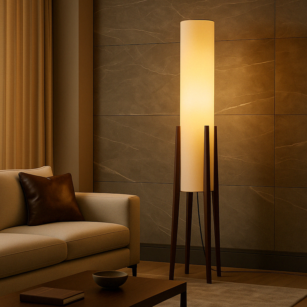 Solid Walnut Wood Floor Lamp with Fabric Shade | Modern Standing Light for Living Room & Bedroom | 3000K Warm White LED | Hardwired Floor | Thomler
