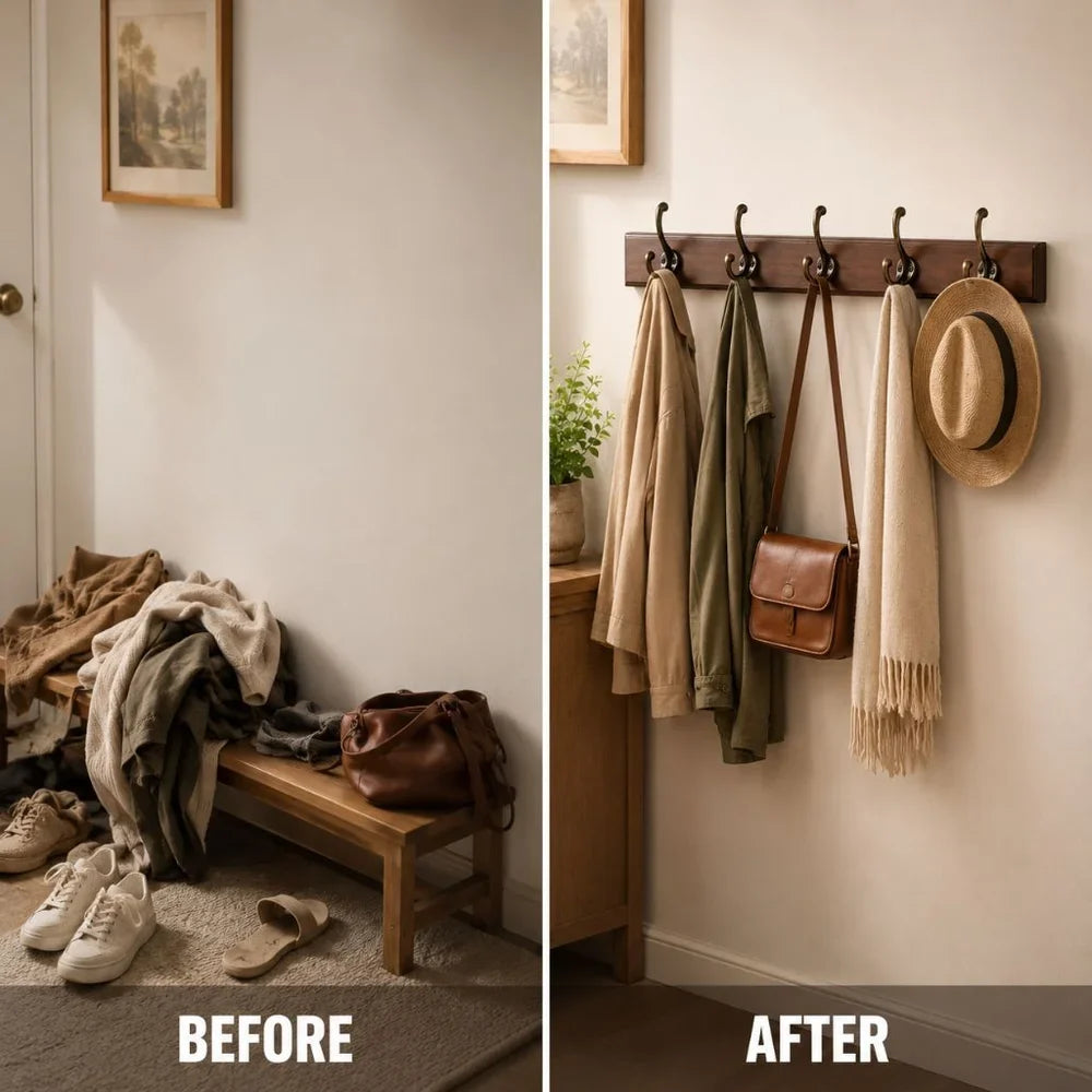 Entryway Hook Rack Wall-Mounted Solid Wood Organizer for Jackets Scarves Bags Natural Grain Finish 3 4 5 Hook Options Apartment Mudroom | Thomler