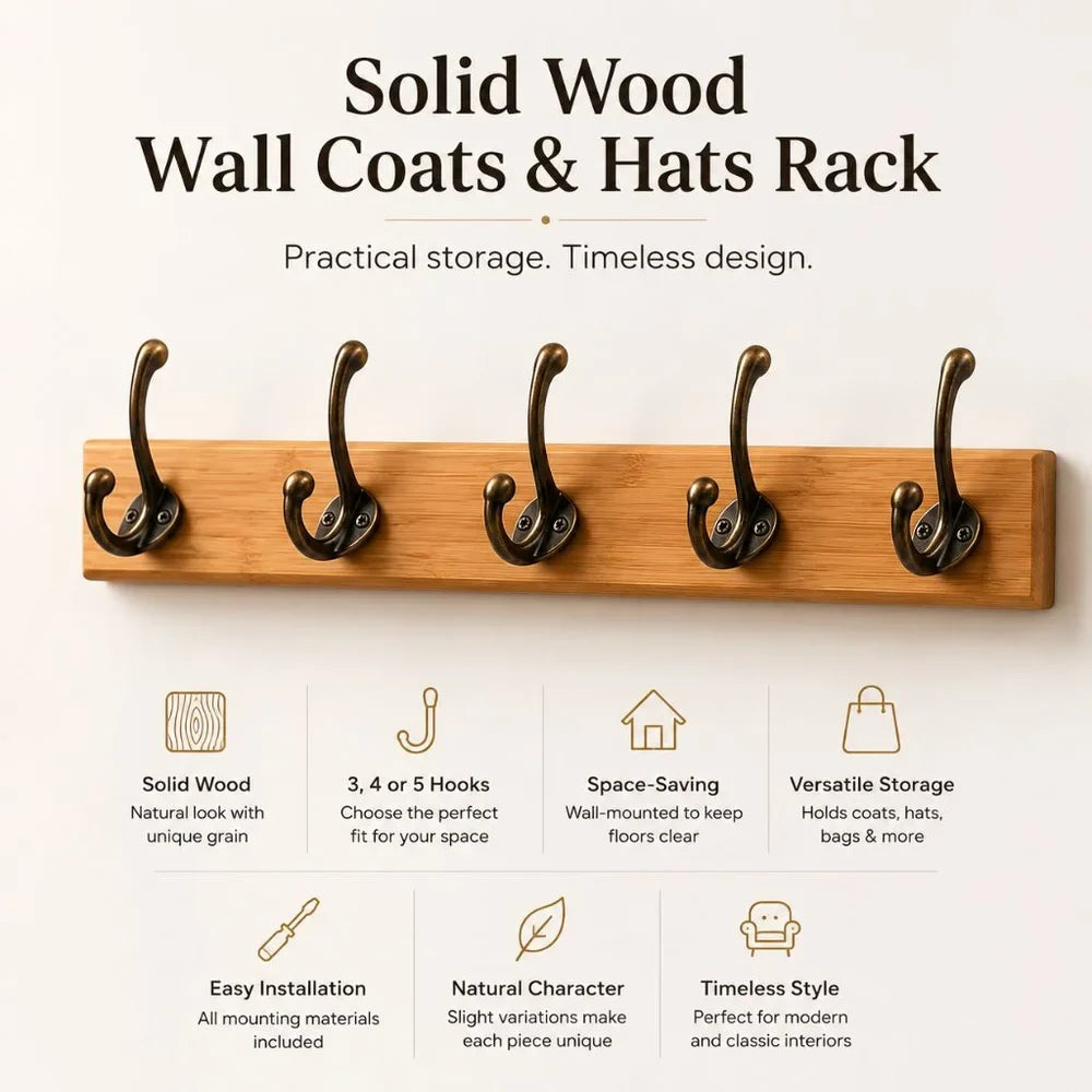 Entryway Hook Rack Wall-Mounted Solid Wood Organizer for Jackets Scarves Bags Natural Grain Finish 3 4 5 Hook Options Apartment Mudroom | Thomler