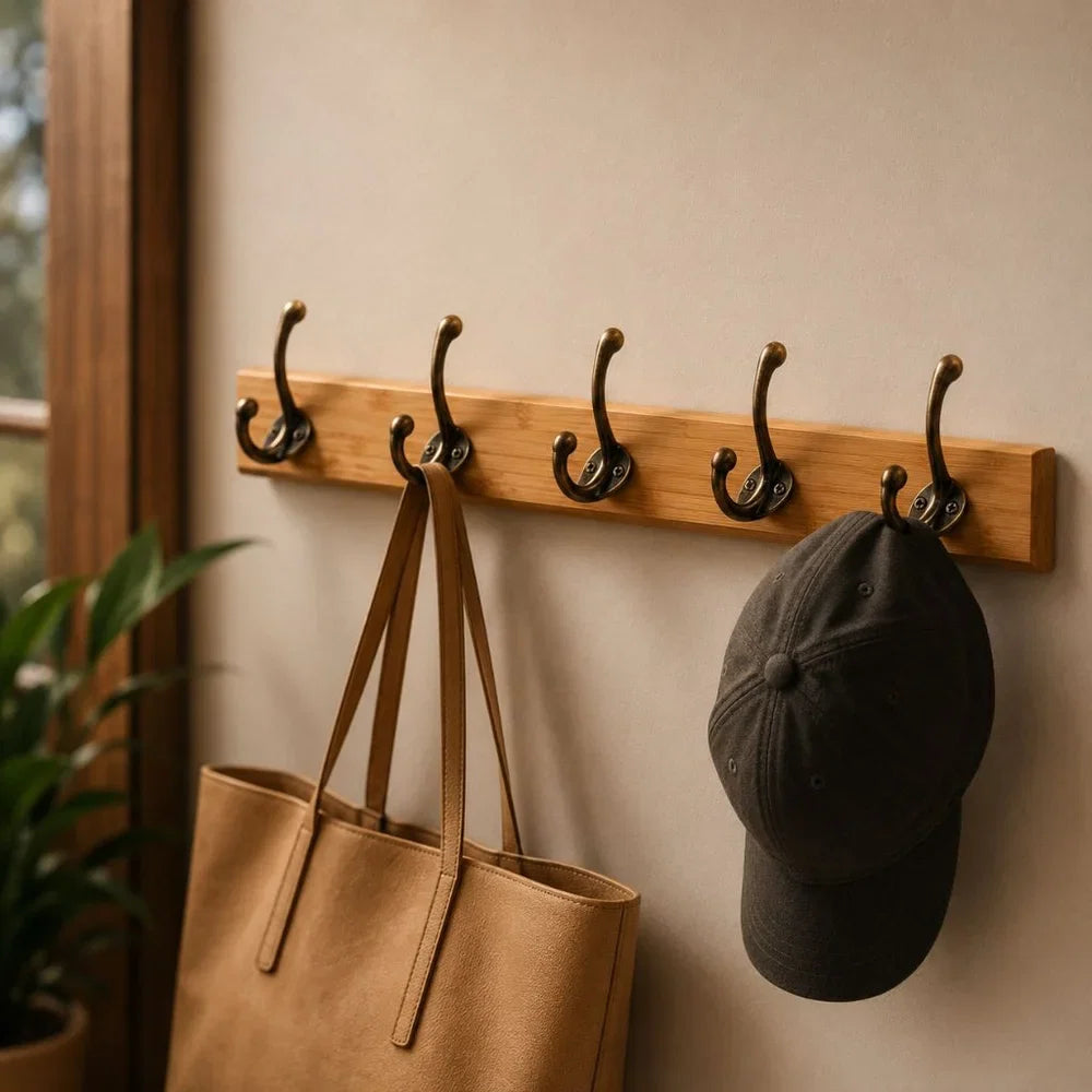 Entryway Hook Rack Wall-Mounted Solid Wood Organizer for Jackets Scarves Bags Natural Grain Finish 3 4 5 Hook Options Apartment Mudroom | Thomler