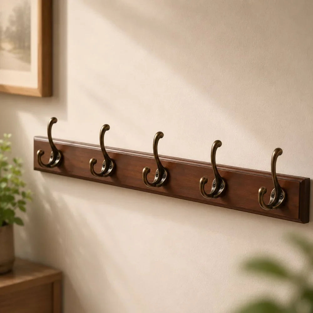Entryway Hook Rack Wall-Mounted Solid Wood Organizer for Jackets Scarves Bags Natural Grain Finish 3 4 5 Hook Options Apartment Mudroom | Thomler