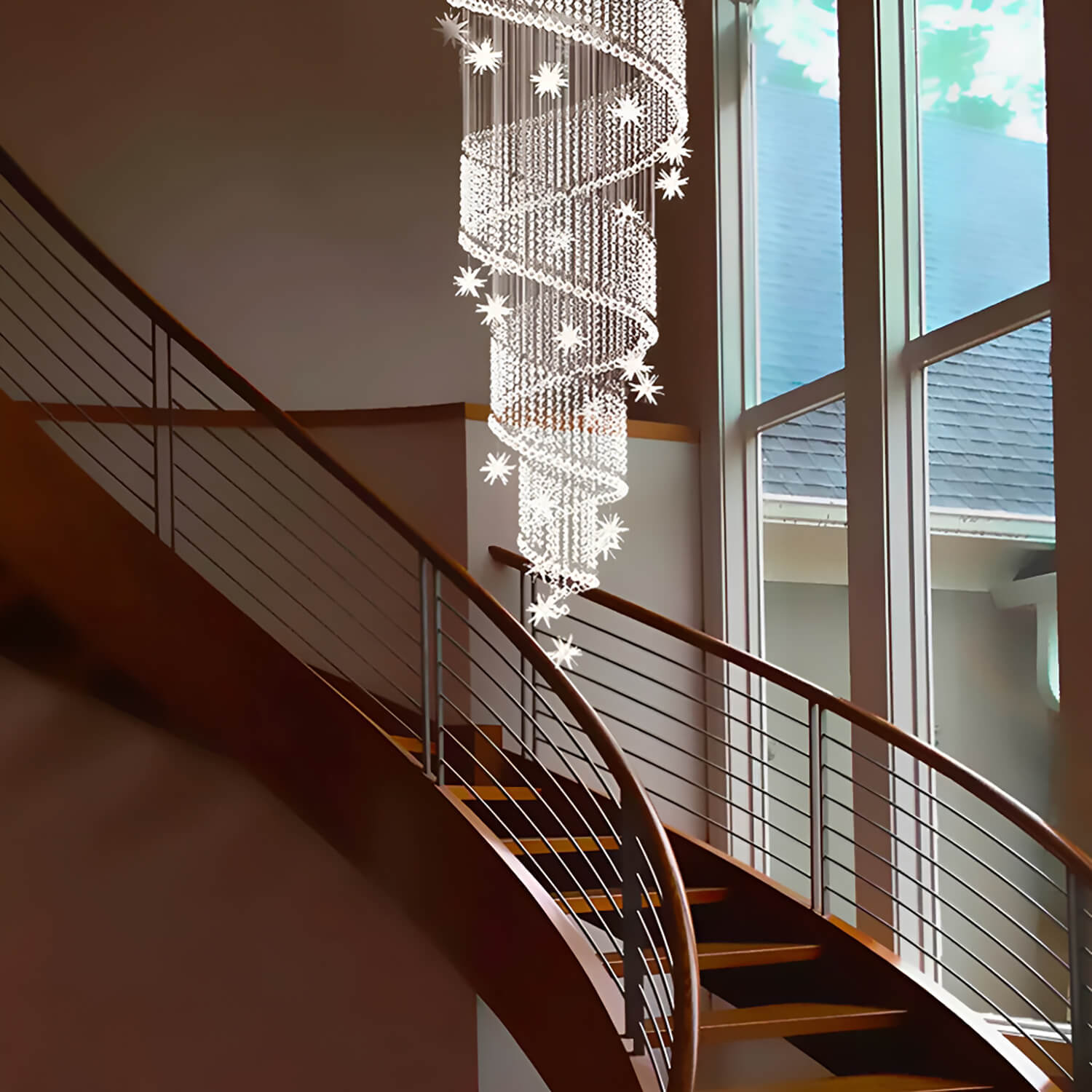 Cascading Crystal Chandelier for Staircase Chrome Finish Modern Raindrop Fixture Foyer Entryway Double-Height Ceiling GU10 LED Compatible | Thomler