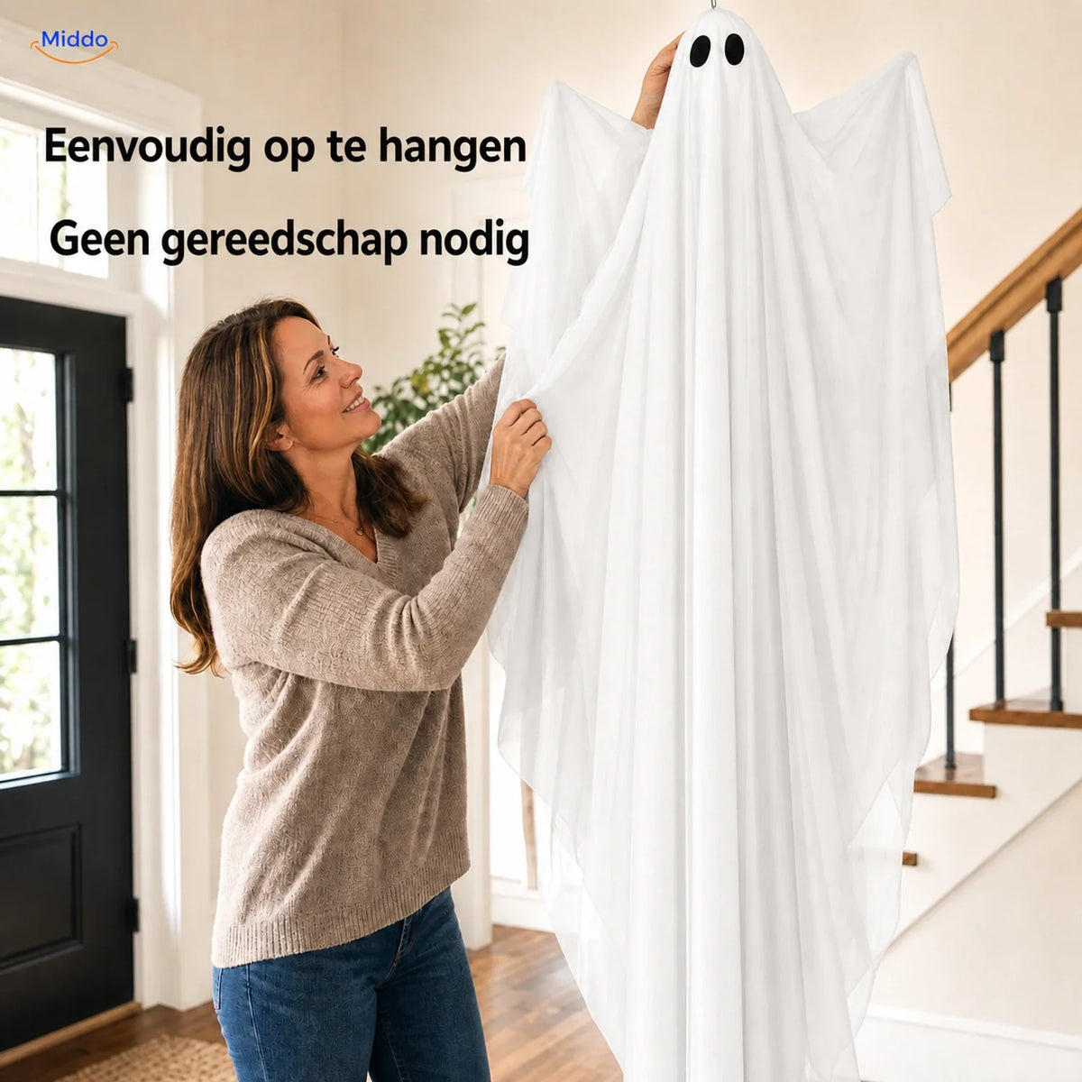 47-Inch Hanging Ghost Decoration with Optional LED Glow – Purple, Warm White, or No Light | Thomler
