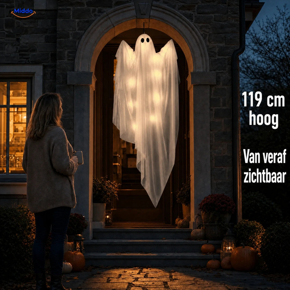 47-Inch Hanging Ghost Decoration with Optional LED Glow – Purple, Warm White, or No Light | Thomler