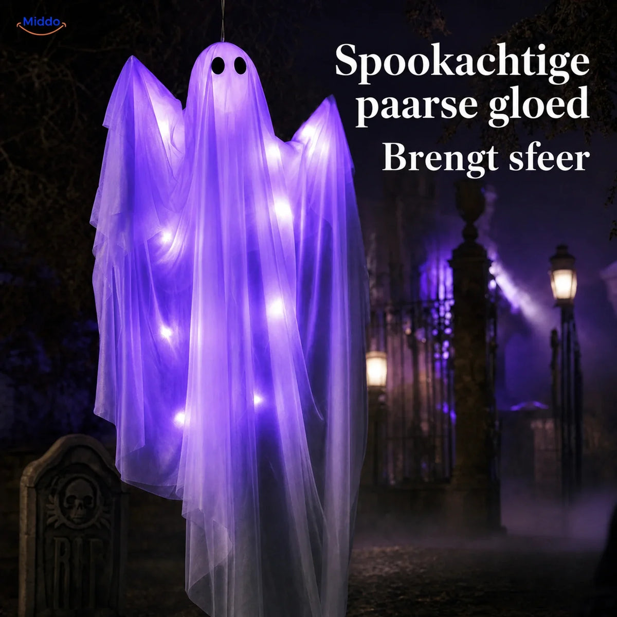 47-Inch Hanging Ghost Decoration with Optional LED Glow – Purple, Warm White, or No Light | Thomler