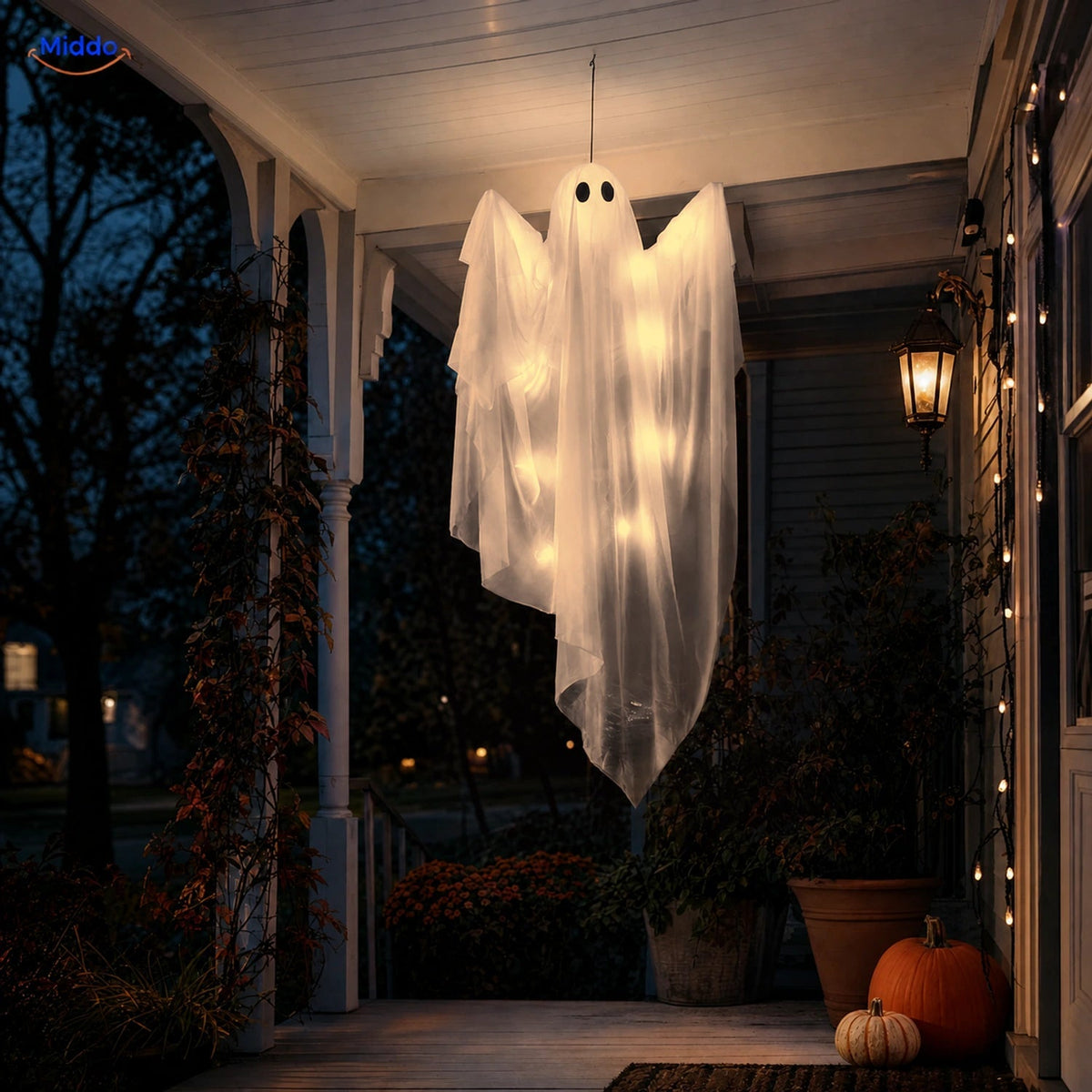47-Inch Hanging Ghost Decoration with Optional LED Glow – Purple, Warm White, or No Light | Thomler