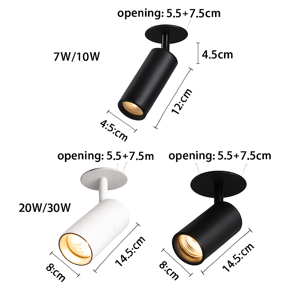 Directional Recessed LED Tube Ceiling Light Spotlight for Kitchen Living Room Bedroom Modern Black White Downlight Fixture 7W 10W 20W 30W | Thomler