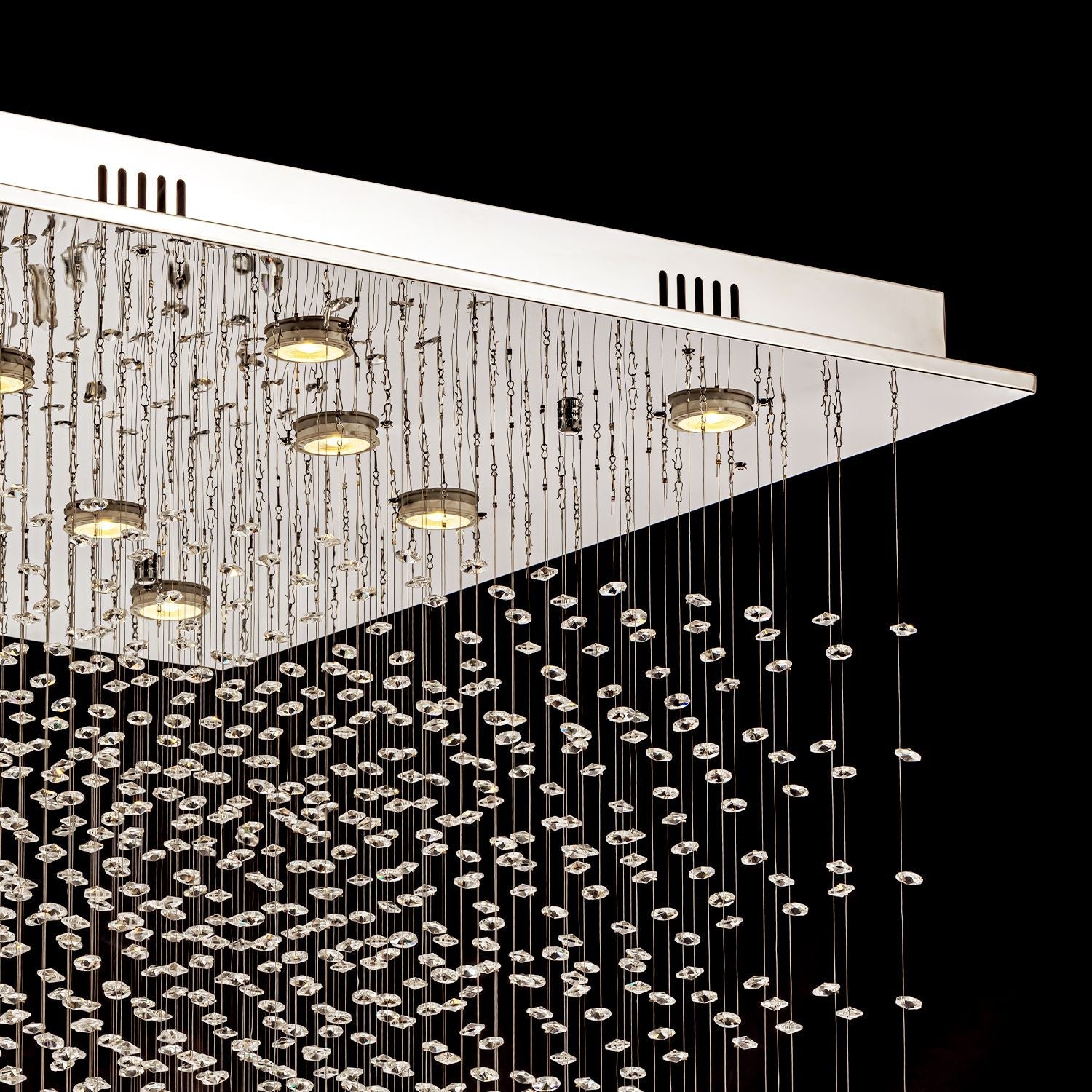 Tiered Square Crystal Chandelier with Cascading Raindrop Pendants for High Ceilings – Chrome Stainless Steel Frame for Foyer Stairway | Thomler