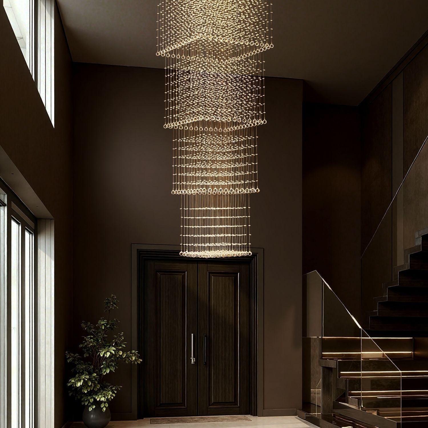 Tiered Square Crystal Chandelier with Cascading Raindrop Pendants for High Ceilings – Chrome Stainless Steel Frame for Foyer Stairway | Thomler