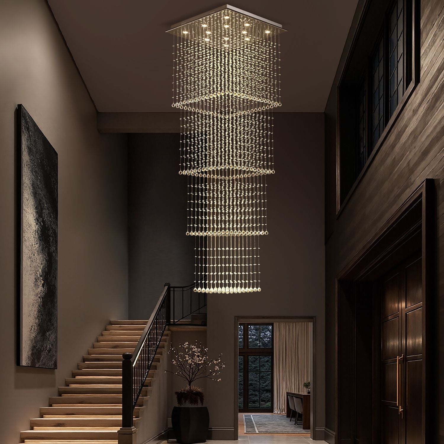 Tiered Square Crystal Chandelier with Cascading Raindrop Pendants for High Ceilings – Chrome Stainless Steel Frame for Foyer Stairway | Thomler
