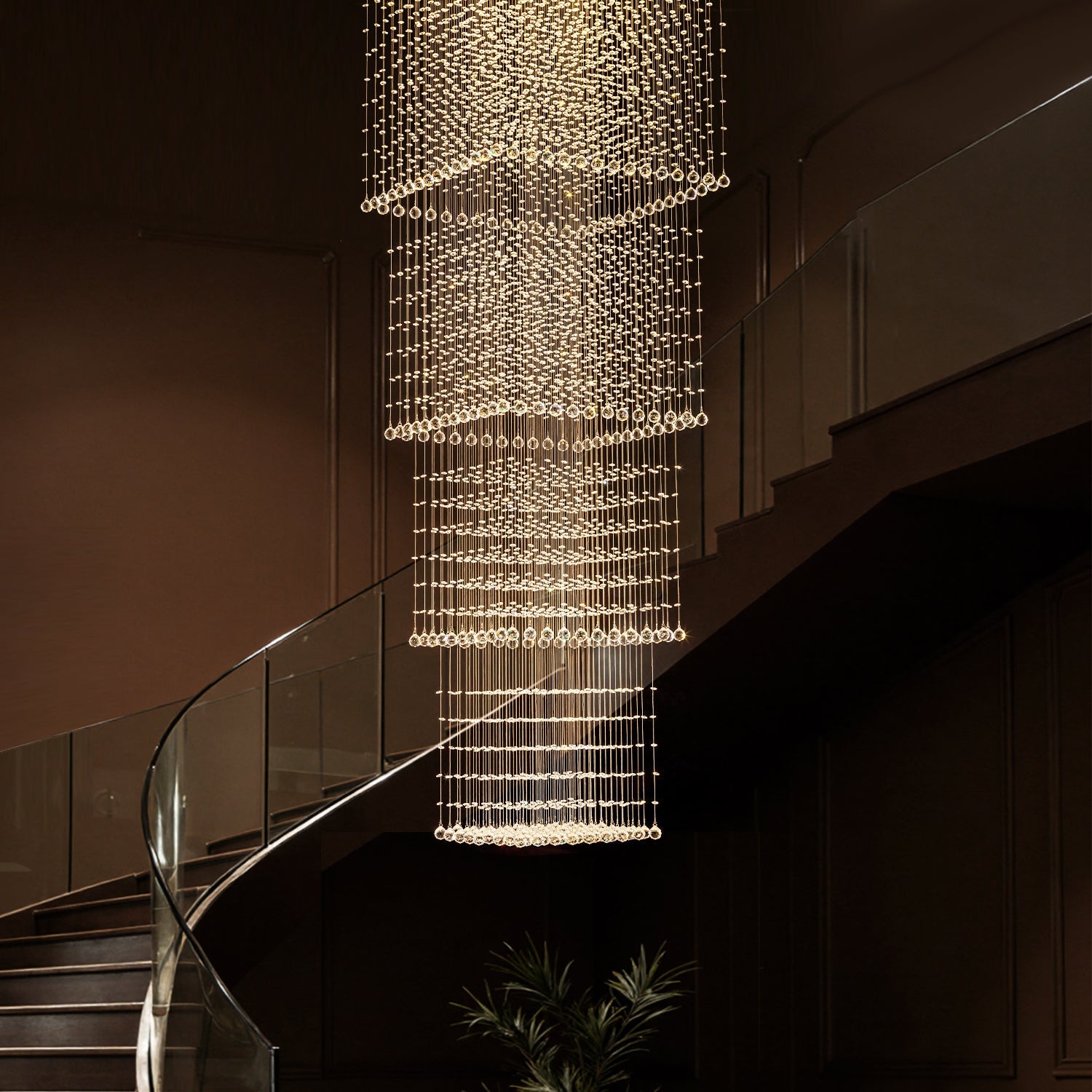 Tiered Square Crystal Chandelier with Cascading Raindrop Pendants for High Ceilings – Chrome Stainless Steel Frame for Foyer Stairway | Thomler
