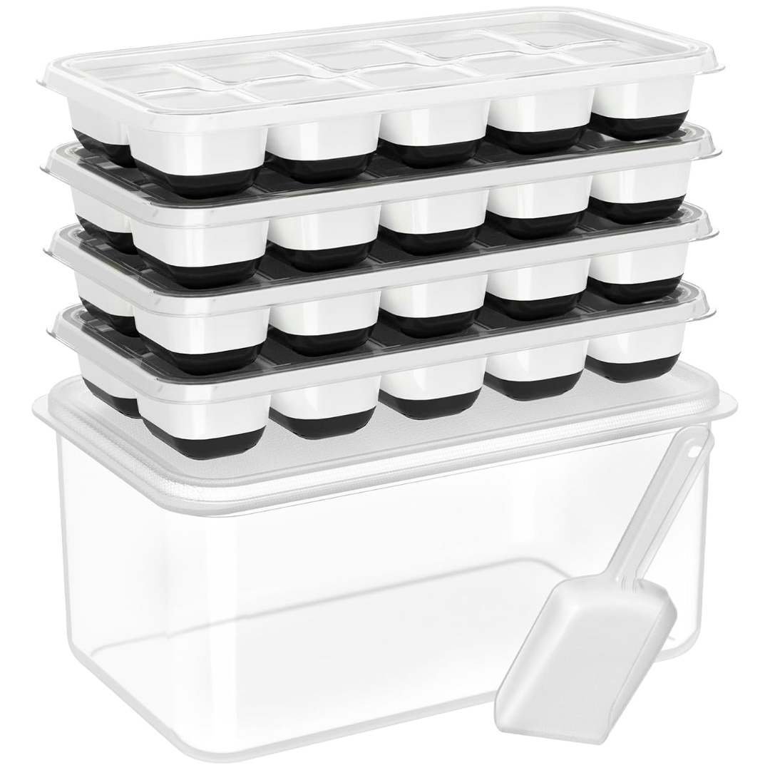 Flexible Silicone Ice Cube Trays with Lid and Storage Container for Freezer Space-Saving Organization | Thomler