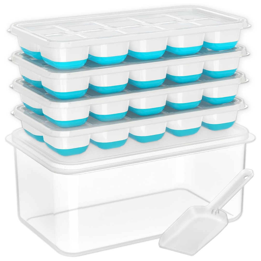Flexible Silicone Ice Cube Trays with Lid and Storage Container for Freezer Space-Saving Organization | Thomler