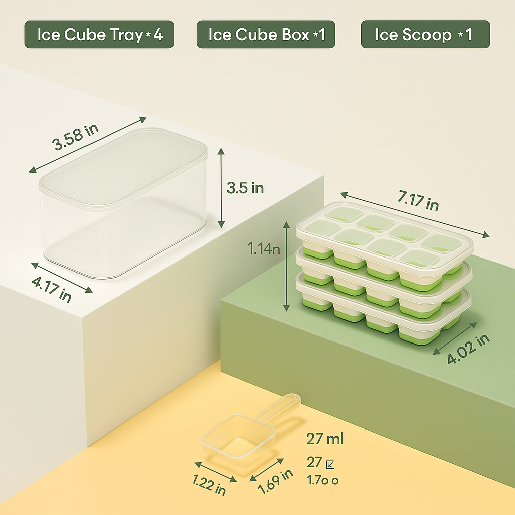 Flexible Silicone Ice Cube Trays with Lid and Storage Container for Freezer Space-Saving Organization | Thomler