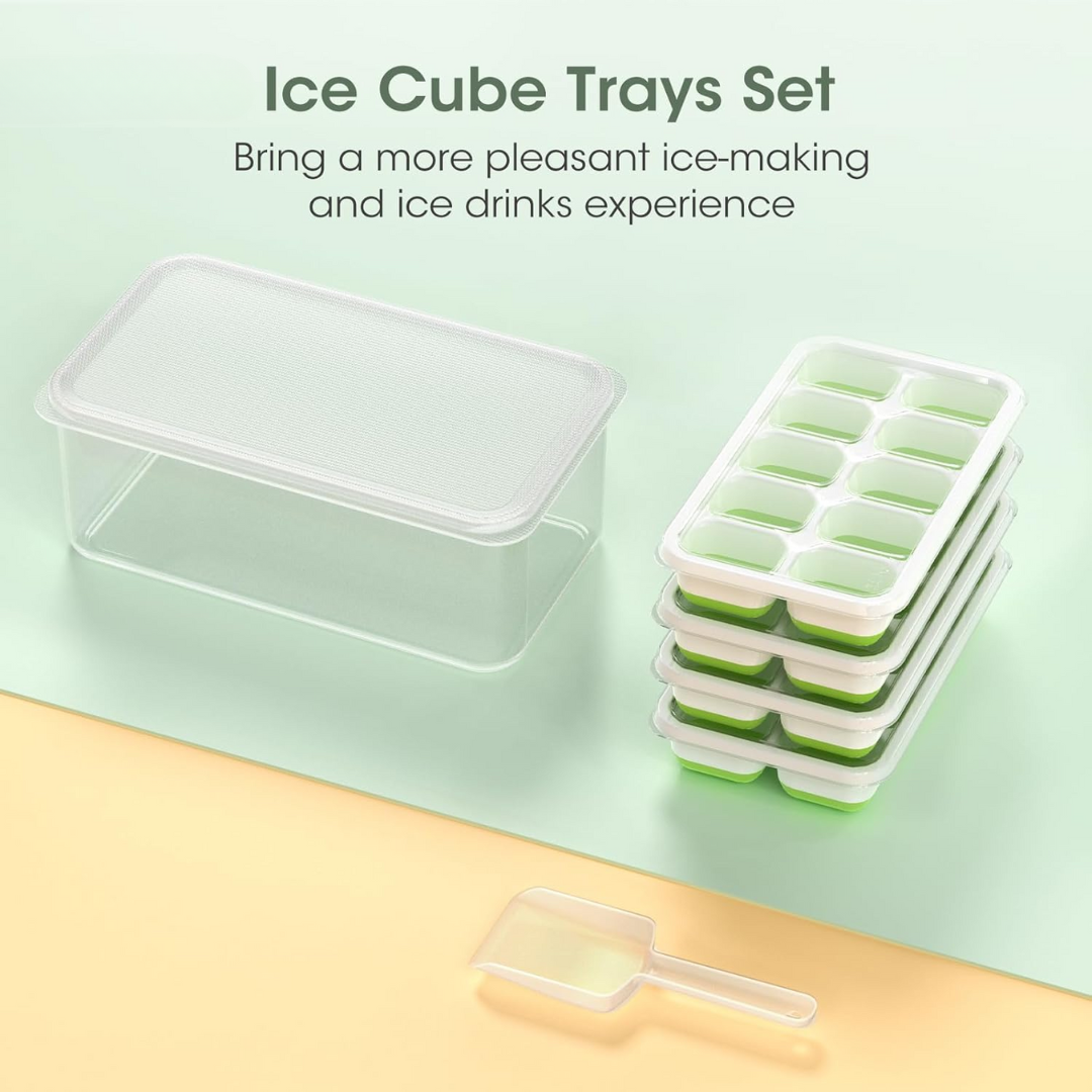 Flexible Silicone Ice Cube Trays with Lid and Storage Container for Freezer Space-Saving Organization | Thomler
