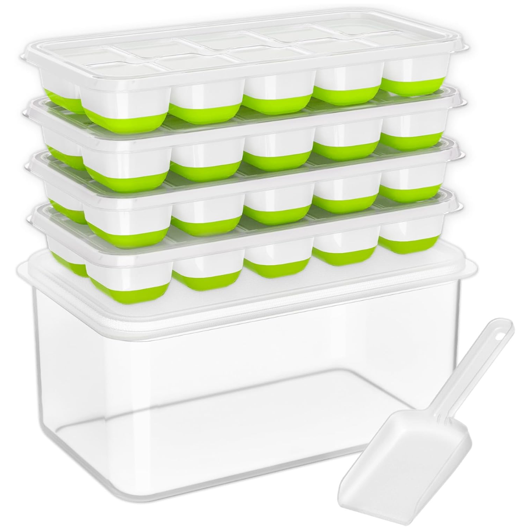 Flexible Silicone Ice Cube Trays with Lid and Storage Container for Freezer Space-Saving Organization | Thomler