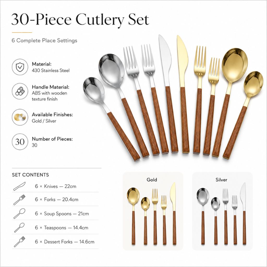 30-Piece Flatware Set Wood-Effect Handles Gold & Silver Finish for 6 Service for Family Dining Everyday Tableware Dinnerware | Thomler