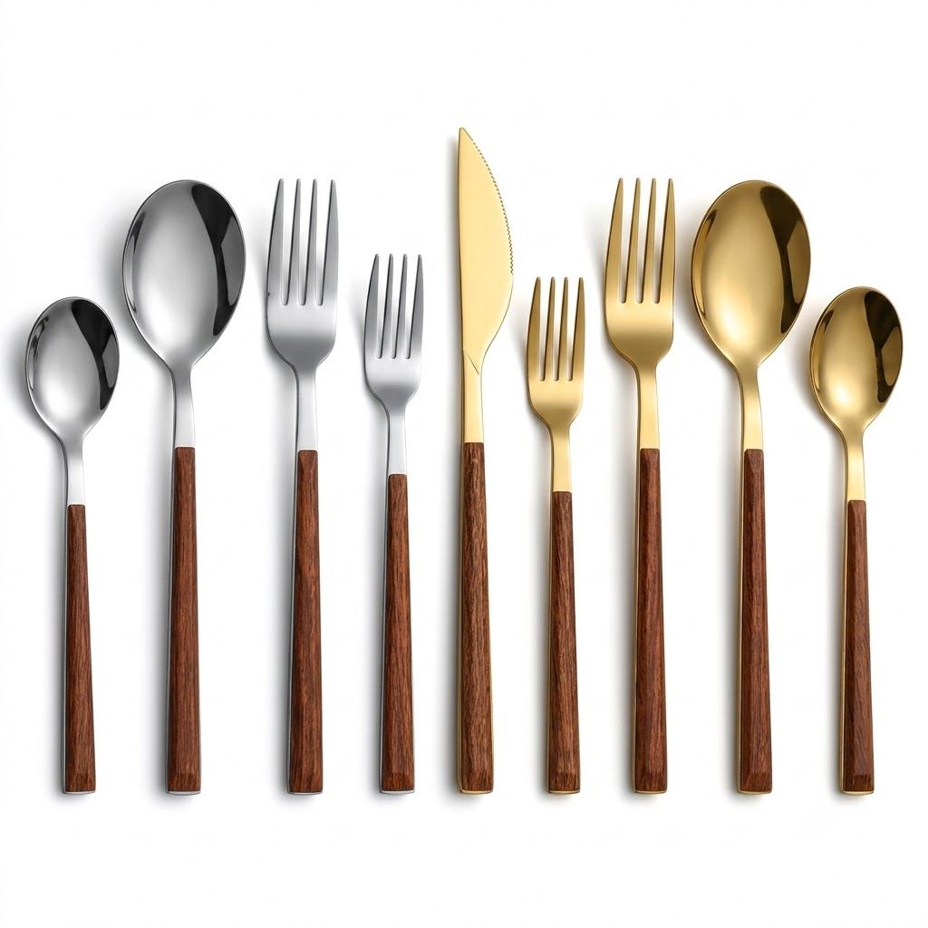 30-Piece Flatware Set Wood-Effect Handles Gold & Silver Finish for 6 Service for Family Dining Everyday Tableware Dinnerware | Thomler