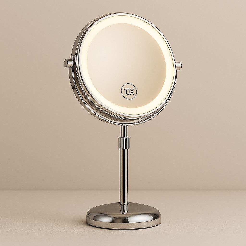 Rechargeable Vanity Mirror with 10X Magnification & Adjustable Height for Countertop Makeup Application | Thomler