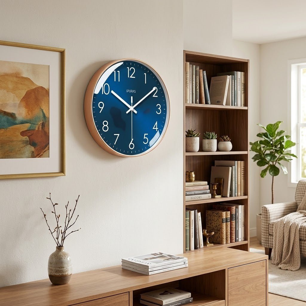 Whisper-Quiet Round Wall Clock with Sweep Hand – Modern Analog Timepiece for Bedroom Office Living Room – Glass Face Non-Ticking Quartz | Thomler