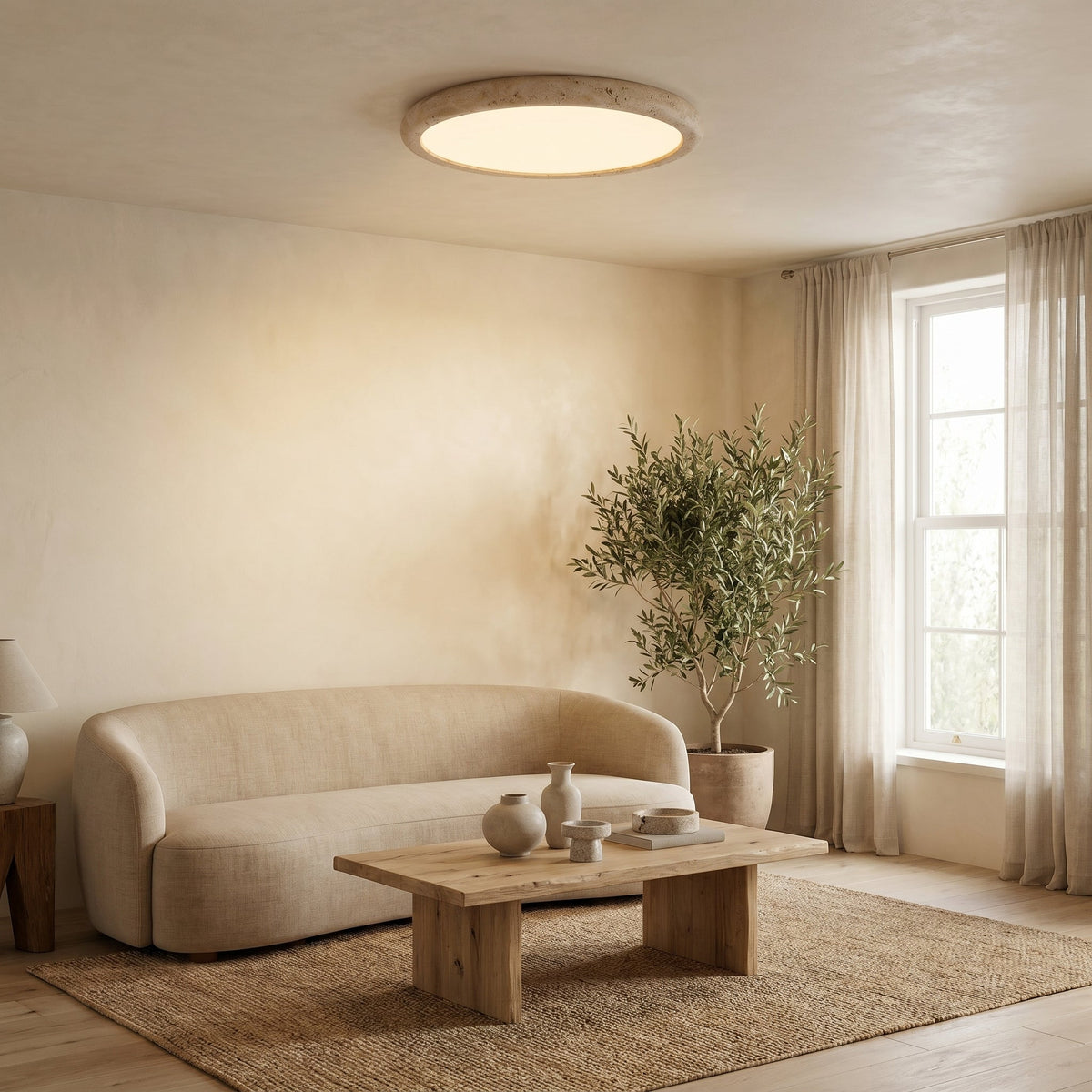 Natural Travertine Stone Ceiling Light – Round Flush Mount Fixture, Warm LED Glow for Bedroom, Living Room & Modern Interiors | Thomler