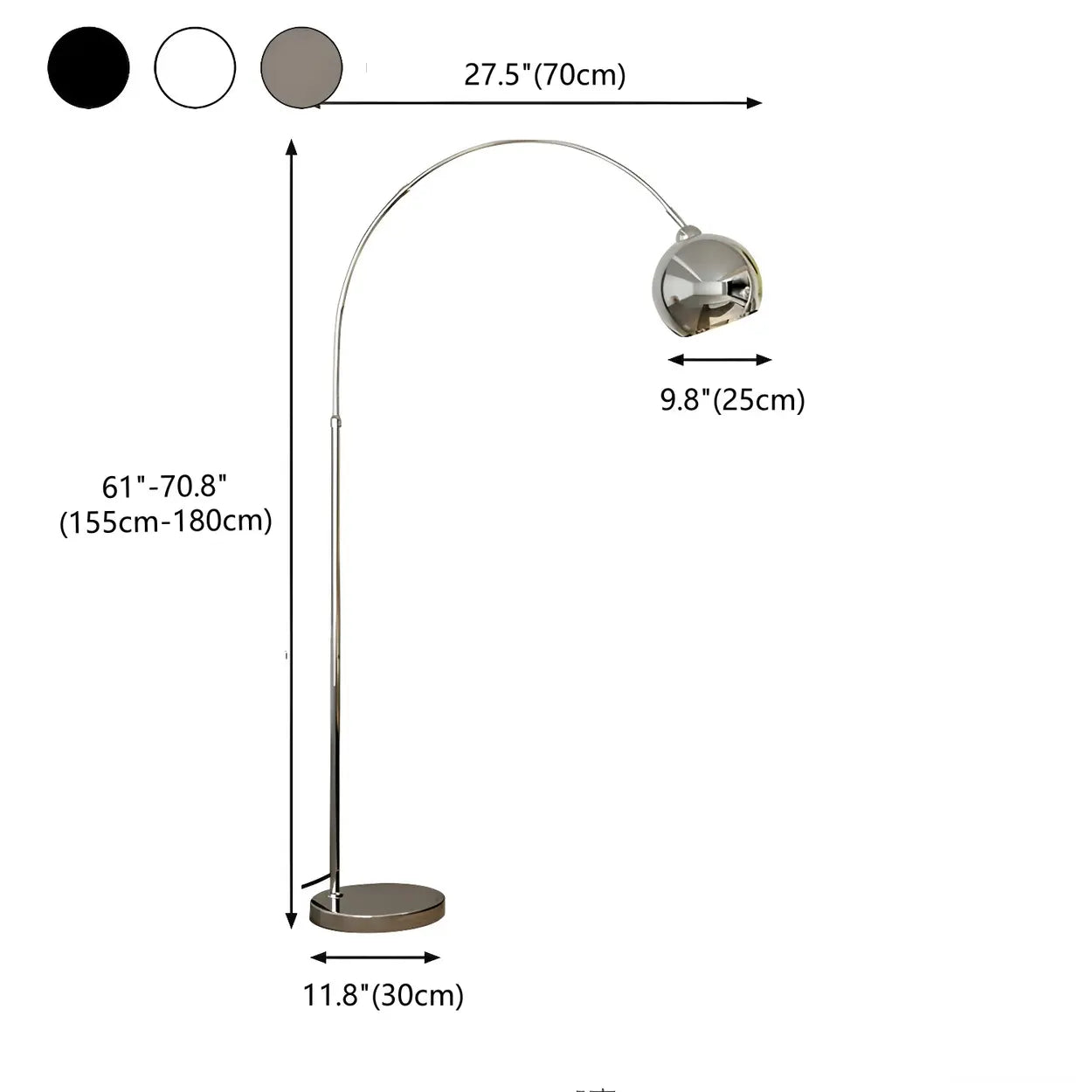 Floor Lamp Chrome Metal 180.0 cm Black Living Room Reading Light Adjustable Arc Standing Lamp With Dome Shade | Thomler