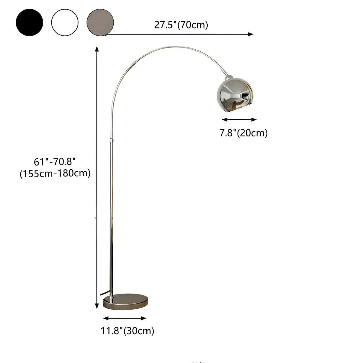 Floor Lamp Chrome Metal 180.0 cm Black Living Room Reading Light Adjustable Arc Standing Lamp With Dome Shade | Thomler