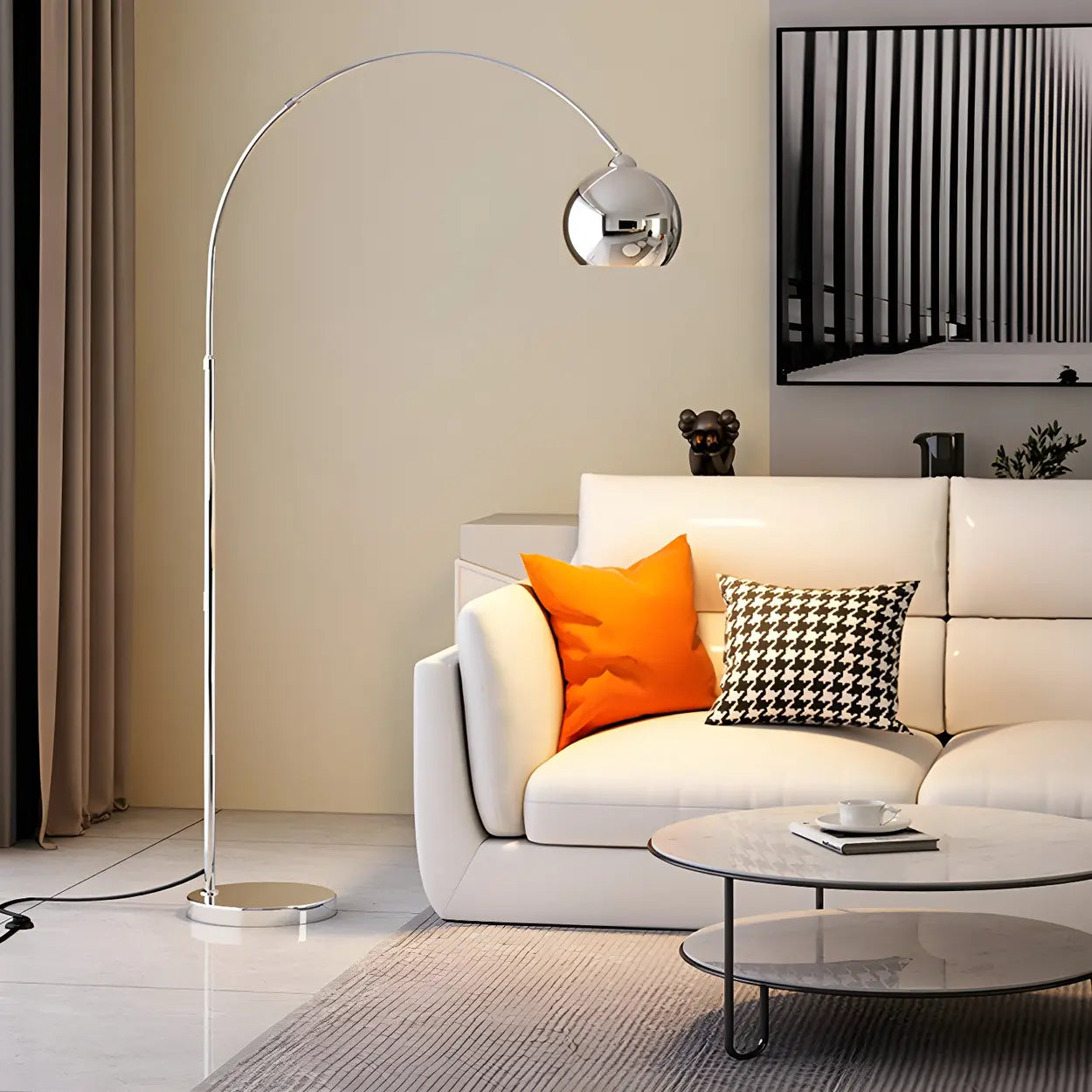Floor Lamp Chrome Metal 180.0 cm Black Living Room Reading Light Adjustable Arc Standing Lamp With Dome Shade | Thomler