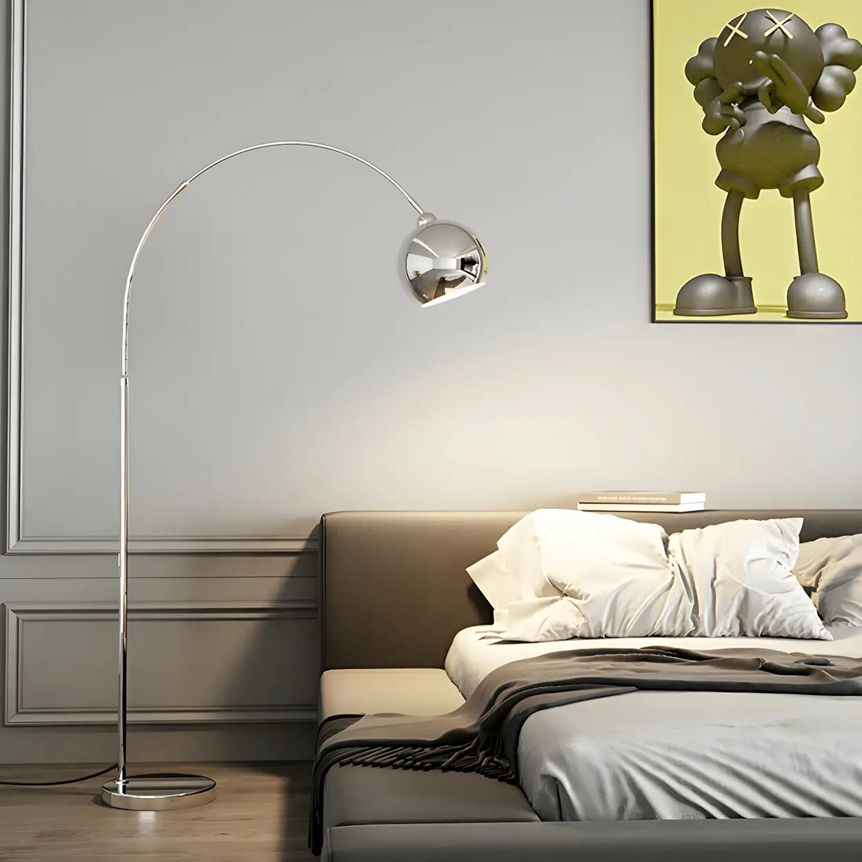 Floor Lamp Chrome Metal 180.0 cm Black Living Room Reading Light Adjustable Arc Standing Lamp With Dome Shade | Thomler