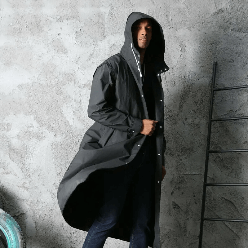 Full-Length Waterproof Hooded Rain Jacket for Adults – Lightweight Foldable Travel Coat for Men & Women – Black | Thomler